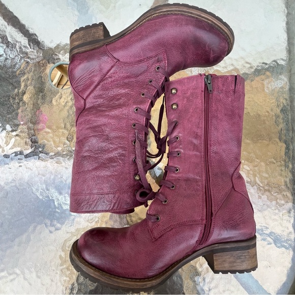 Bueno Casey Burgundy Leather Moto Combat Tall Lace Up Side Zip Boots - Picture 6 of 16